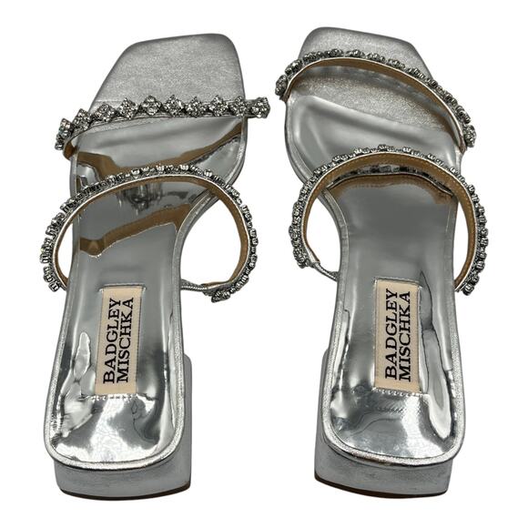 Badgley Mischka Rhinestone Embellished Slip On Low Block Heel Sandals Silver 6 - Picture 5 of 9